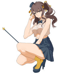 Rule 34 | 1girl, bare arms, bare shoulders, black bow, black bowtie, black footwear, black hat, black skirt, bow, bowtie, breasts, brown hair, closed mouth, collared shirt, commentary request, crop top, dress shirt, full body, grey eyes, hair between eyes, hair ribbon, hat, high heels, highres, light smile, midriff, mini hat, navel, ori (momonimo), original, pleated skirt, ribbon, shirt, shoes, simple background, skirt, sleeveless, sleeveless shirt, small breasts, socks, solo, star (symbol), tilted headwear, twintails, white background, white shirt, yellow ribbon, yellow socks