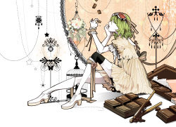 Rule 34 | 1girl, bad id, bad pixiv id, birdcage, boots, bridget00747, cage, chocolate, dress, eating, closed eyes, flower, food, goggles, goggles on head, green hair, gumi, heart, highres, knee boots, pocky, ribbon, short hair, solo, star (symbol), sweets, thighhighs, vocaloid, white footwear