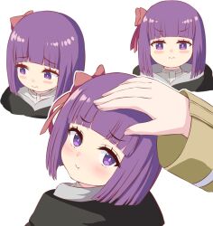 Rule 34 | 2girls, :t, black robe, blunt bangs, blunt ends, blush, bob cut, commentary request, fern (sousou no frieren), frieren, hair ribbon, headpat, looking at viewer, looking back, looking down, multiple girls, multiple views, pout, purple eyes, purple hair, purple pupils, red ribbon, ribbon, robe, s (hdru2332), short hair, simple background, sousou no frieren, straight hair, white background