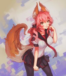 Rule 34 | 10s, 1girl, animal ears, black pantyhose, brown eyes, fate/extra, fate (series), fox ears, fox tail, gradient background, highres, long hair, looking at viewer, pantyhose, pink hair, pleated skirt, school uniform, serara (log horizon), skirt, smile, softmode, solo, tail, tamamo (fate), tamamo no mae (fate/extra)