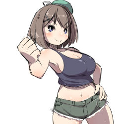 Rule 34 | 1girl, bad id, bad pixiv id, bare arms, bare shoulders, beret, black tank top, blue eyes, blush, breasts, brown hair, cleavage, clenched hand, closed mouth, dutch angle, green hat, green shorts, hair ornament, hand on own hip, hand up, hat, highres, kantai collection, large breasts, maya (kancolle), midriff, navel, short hair, short shorts, shorts, simple background, solo, tank top, u-non (annon&#039;an), v-shaped eyebrows, white background, x hair ornament