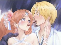Rule 34 | 1boy, 1girl, blonde hair, blood, blue eyes, blush, breasts, brown hair, candy, charlotte pudding, chocolate, couple, criss-cross halter, curly eyebrows, dress, eye contact, facial hair, flower, food, food in mouth, formal, frilled dress, frills, gloves, hair flower, hair ornament, hair over one eye, halterneck, happy valentine, hetero, jacket, large breasts, light brown hair, long hair, long sleeves, looking at another, mouth hold, necktie, nosebleed, one piece, pink flower, rita ya, sanji (one piece), shared food, short hair, sleeveless, sleeveless dress, suit, third eye, twintails, white jacket