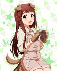 Rule 34 | 1girl, animal ears, blunt bangs, dog ears, dog tail, gloves, hood, hoodie, idolmaster, idolmaster million live!, idolmaster million live! theater days, long hair, official art, open mouth, overalls, pink overalls, red eyes, red hair, simple background, smile, solo, tail, tanaka kotoha, white hoodie
