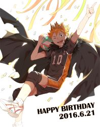 Rule 34 | 1boy, arm up, ball, black cape, cape, crown, english text, feather trim, haikyuu!!, happy birthday, hinata shouyou, holding, holding ball, index finger raised, kuga 669, light, looking at viewer, one eye closed, open mouth, red hair, shoes, short hair, short sleeves, shorts, sneakers, socks, teeth, tongue, white socks, yellow eyes
