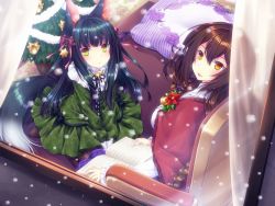 Rule 34 | 2girls, :d, alternate costume, animal ears, armchair, azur lane, bell, black hair, blunt bangs, book, bow, brown hair, capelet, carpet, casual, chair, christmas, christmas tree, commentary request, contemporary, curtains, cushion, dress, fox ears, fox girl, fox tail, from above, green dress, hair between eyes, hair bow, hair ornament, hair ribbon, holding, holding book, horns, long hair, looking at viewer, looking up, mikasa (azur lane), mikoto (mikoto r a), multiple girls, nagato (azur lane), open mouth, orange eyes, parted lips, ribbon, seiza, sitting, smile, snowing, tail, window, yellow eyes