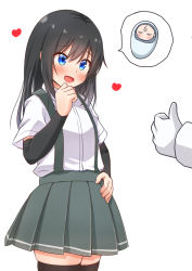 Rule 34 | 1girl, 1other, april fools, arm warmers, asashio (kancolle), baby, black hair, black thighhighs, blue eyes, comiching, commentary request, cowboy shot, grey skirt, heart, highres, implied pregnancy, kantai collection, long hair, shirt, short sleeves, simple background, skindentation, skirt, speech bubble, suspender skirt, suspenders, thighhighs, thumbs up, white background, white shirt