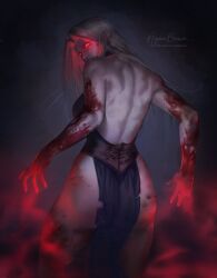 Rule 34 | 1girl, absurdres, artist name, ass, ayanobraun, back, blonde hair, blood, blood on hands, copyright request, dress, highres, long hair, looking at viewer, magic, red eyes, solo, tagme