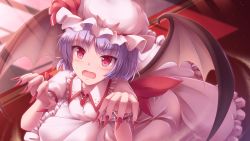 Rule 34 | 1girl, bat wings, bow, claw pose, dress, fang, fingernails, from above, hat, highres, light purple hair, looking at viewer, looking up, lzh, mob cap, open mouth, pink dress, puffy short sleeves, puffy sleeves, red bow, red eyes, remilia scarlet, sharp fingernails, short hair, short sleeves, solo, touhou, wings