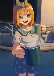 Rule 34 | 1girl, :d, absurdres, alternate costume, blue eyes, blush, casual, coffee, collarbone, commentary request, cowboy shot, cup, eyelashes, foreshortening, frilled shirt collar, frills, go-toubun no hanayome, green ribbon, hair between eyes, hair ribbon, hands up, happy, highres, holding, holding cup, indoors, kitchen, looking at viewer, medium hair, nakano yotsuba, night, open mouth, orange hair, pov, ribbon, round teeth, shirt, short sleeves, sidelighting, smile, solo, steam, straight hair, teapot, teeth, upper teeth only, white shirt, window, yasuba yuichi
