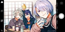 3boys :d ^_^ absurdres alcohol arm_up beer beer_mug black_hoodie blue_hair blush brown_shirt can chips_(food) closed_eyes closed_mouth collared_shirt cup dress_shirt fake_phone_screenshot fake_screenshot floral_print food genzuki_toujirou grey_hair hair_over_one_eye highres holding holding_cup hood hood_down hoodie indoors kaida_haru long_hair long_sleeves male_focus mug multiple_boys nagao_kei nijisanji ninahachi open_mouth potato_chips print_shirt puffy_long_sleeves puffy_sleeves purple_eyes shirt sleeves_past_wrists smile sweater_vest twitter_username valz virtual_youtuber