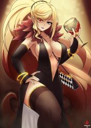 Rule 34 | 1girl, absurdly long hair, alcohol, bag, bangle, between breasts, black dress, black gloves, black hair, blonde hair, bracelet, breasts, bridal gauntlets, brown thighhighs, cleavage, commentary, cup, cupping glass, dress, drinking glass, elbow gloves, english commentary, feather boa, gloves, gradient hair, grey eyes, hair pulled back, hand on own hip, handbag, heterochromia, highres, hilda (under night in-birth), jewelry, large breasts, lipstick, long hair, looking at viewer, makeup, multicolored hair, nail polish, narrow waist, navel, no bra, plunging neckline, ponytail, purple lips, purple nails, red eyes, red hair, side slit, slit pupils, solo, strap between breasts, swept bangs, thighhighs, two-tone hair, under night in-birth, vermillion dice, very long hair, wine, wine glass
