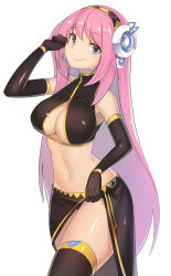 Rule 34 | 1girl, adapted costume, bare shoulders, black gloves, black panties, black skirt, black thighhighs, blue eyes, breasts, btraphen, closed mouth, cowboy shot, crop top, elbow gloves, gloves, hairband, headphones, headset, large breasts, long hair, looking at viewer, megurine luka, microphone, midriff, navel, panties, pink hair, revision, shiny clothes, shiny skin, side slit, simple background, skirt, sleeveless, smile, solo, stomach, thighhighs, underboob, underwear, very long hair, vocaloid, white background