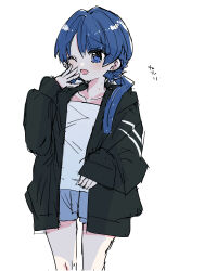 Rule 34 | 1girl, ;o, black jacket, blue eyes, blue hair, blue shorts, dark blue hair, feet out of frame, hand over face, hickey, highres, hood, hooded jacket, jacket, kanduki kamibukuro, light blush, link! like! love live!, long hair, long sleeves, looking ahead, love live!, low twintails, murano sayaka, one eye closed, open clothes, open jacket, open mouth, shirt, shorts, simple background, sketch, sleepy, sleeves past wrists, solo, twintails, virtual youtuber, white background, white shirt, yawning