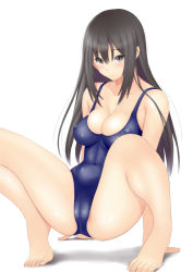 Rule 34 | 1girl, arm support, barefoot, black hair, blush, breasts, bursting breasts, cameltoe, covered erect nipples, grey eyes, large breasts, long hair, looking at viewer, muffin (sirumeria), original, simple background, solo, spread legs, swimsuit, undersized clothes, white background