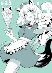 Rule 34 | 1girl, ahoge, animal ears, apron, aqua theme, blue background, blush, braid, commentary request, dress, dutch angle, earrings, food, fox ears, fox girl, fox tail, from side, hair between eyes, holding, holding plate, hololive, jewelry, kurose kousuke, long hair, looking at viewer, monochrome, name tag, open mouth, pancake, parfait, pentagram, plate, shirakami fubuki, short sleeves, simple background, single braid, solo, steam, tail, virtual youtuber, waist apron, waitress