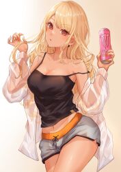 Rule 34 | 1girl, black camisole, blonde hair, blue shorts, breasts, camisole, can, cleavage, cloud print, collarbone, cowboy shot, dolphin shorts, earrings, fingernails, gradient background, highres, holding, holding can, jacket, jewelry, kaminari qpi, large breasts, lightning bolt print, long fingernails, long hair, looking at viewer, miya ( 32miya107), monster energy, nail polish, navel, parted bangs, red eyes, see-through, see-through jacket, shiny skin, shorts, simple background, sleeve cuffs, solo, standing, strap slip, swept bangs, tag, tan, very long fingernails, virtual youtuber, vspo!, white background, yellow background