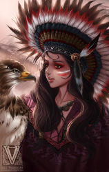 Rule 34 | 1girl, bird, brown eyes, duong tich vi, eagle, email address, feathers, headdress, highres, lips, long hair, native american, native american headdress, parted lips, watermark