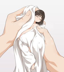 Rule 34 | 1girl, :/, breasts, brown hair, cleavage, closed eyes, closed mouth, collarbone, covered erect nipples, drying, expressionless, fairy, female focus, gigantic breasts, grey background, highres, holding, holding person, long hair, mini person, minigirl, naked towel, nanina (nijnan), oppai loli, original, pov, pov hands, shortstack, simple background, size difference, solo focus, towel, wet