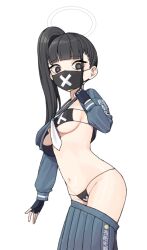 Rule 34 | 1girl, 28 (282teeth), black eyes, black gloves, black hair, black mask, black skirt, blue archive, breasts, fingerless gloves, gloves, halo, highres, long hair, looking at viewer, mask, medium breasts, mouth mask, navel, neckerchief, pleated skirt, ponytail, simple background, skirt, solo, sukeban (smg) (blue archive), surgical mask, white background, white neckerchief