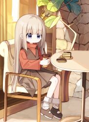 Rule 34 | 1girl, blue eyes, brown dress, brown footwear, cake, cake slice, closed mouth, commentary request, crown, cup, disposable cup, dress, drinking straw, food, grey hair, healer girl (yuuhagi (amaretto-no-natsu)), high collar, highres, holding, holding cup, indoors, long hair, long sleeves, mini crown, on chair, original, plant, plate, pleated dress, red shirt, shirt, shoes, sitting, sleeveless, sleeveless dress, socks, solo, table, tilted headwear, very long hair, white socks, yuuhagi (amaretto-no-natsu)