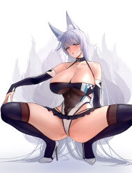 Rule 34 | 1girl, absurdres, alternate costume, animal ears, arm behind back, azur lane, bare shoulders, black gloves, blush, breasts, cl (summer sama), cleavage, commission, covered navel, detached collar, detached sleeves, fox ears, fox girl, fox tail, full body, gloves, groin, hand on own knee, head tilt, high heels, highres, kitsune, large breasts, leotard, long hair, looking at viewer, m legs, microskirt, multiple tails, parted lips, pixiv commission, purple eyes, race queen, shinano (azur lane), shinano (moonlit chrome) (azur lane), skin tight, skindentation, skirt, solo, spread legs, squatting, tail, upskirt, very long hair, white hair