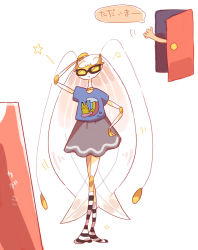 Rule 34 | 1girl, :&gt;, akadako, antennae, arm up, arthropod girl, black-framed eyewear, blue shirt, closed mouth, clothed pokemon, colored skin, creatures (company), crossed legs, door, female focus, full body, game freak, gen 1 pokemon, gen 7 pokemon, grey skirt, hand on own head, hand on own hip, happy, highres, japanese text, kneehighs, long hair, miniskirt, mirror, nintendo, one-hour drawing challenge, pheromosa, pikachu, pokemon, pokemon (creature), shirt, short sleeves, simple background, skirt, smile, socks, solo focus, speech bubble, standing, star (symbol), striped clothes, striped socks, sunglasses, talking, tinted eyewear, translation request, ultra beast, very long hair, watson cross, waving, white background, white hair, white skin, yellow-tinted eyewear