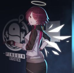 Rule 34 | 1girl, arknights, blurry, commentary request, depth of field, energy wings, exusiai (arknights), eyes visible through hair, fingerless gloves, gloves, hair over one eye, hand on own hip, highres, id card, jacket, lariat scr, looking back, pantyhose, red eyes, red hair, short hair, skirt, solo