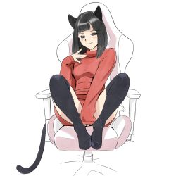 Rule 34 | 1girl, absurdres, animal ears, black eyes, black hair, blush, cat ears, cat tail, conejologia, covering privates, covering crotch, feet, highres, looking at viewer, original, sitting, smile, solo, tail, thighhighs