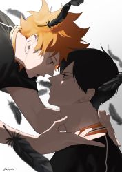 Rule 34 | 2boys, absurdres, black feathers, black hair, blurry, depth of field, feathers, haikyuu!!, hand on another&#039;s shoulder, highres, hinata shouyou, kageyama tobio, looking at another, male focus, messy hair, mix (wkupmix), multiple boys, open mouth, orange eyes, orange hair, profile, shaded face, sportswear, twitter username, volleyball uniform