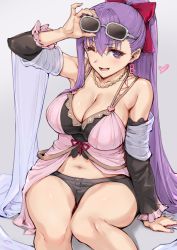 Rule 34 | 1girl, ;d, arm at side, arm up, bb (fate), bb (fate/extra), bow, breasts, cleavage, detached sleeves, earrings, eyewear on head, fate/grand order, fate (series), grey background, hair between eyes, hair bow, haoni, highres, jewelry, large breasts, long hair, looking at viewer, midriff, midriff peek, nail polish, navel, necklace, one eye closed, open mouth, ponytail, purple eyes, purple hair, short shorts, shorts, simple background, single sidelock, sitting, smile, solo, sunglasses, sunglasses on head