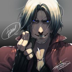 Rule 34 | 1boy, beard, blue eyes, dante (devil may cry), devil may cry (series), devil may cry 5, facial hair, fingerless gloves, gloves, glowing, glowing eyes, grey hair, grin, hiryuu (kugelcruor), looking at viewer, male focus, pointing, signature, smile, solo