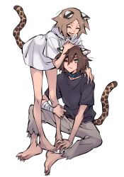 Rule 34 | 2boys, ^ ^, animal ears, arm on another&#039;s shoulder, bandaged arm, bandages, bare shoulders, black shirt, blue choker, bottomless, brothers, brown hair, cat ears, cat tail, choker, choppy bangs, closed eyes, double-parted bangs, fang, fingernails, full body, green eyes, grey pants, hand on another&#039;s head, hood, hoodie, hugh (adey), hunched over, isaac (adey), leaning on person, male focus, medium hair, messy hair, multiple boys, one eye closed, original, pants, parted bangs, sharp fingernails, shirt, siblings, sitting, standing, tail, ten (lu2948d), white background, white hoodie