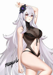 Rule 34 | 1girl, artist name, azur lane, black flower, black one-piece swimsuit, black rose, breasts, casual one-piece swimsuit, clothing cutout, cowboy shot, crossed bangs, flower, graf zeppelin (azur lane), graf zeppelin (beachside urd) (azur lane), hair flower, hair ornament, highres, large breasts, long hair, maoyao-ll, navel cutout, official alternate costume, one-piece swimsuit, red eyes, rose, swimsuit, taut clothes, taut swimsuit, very long hair, white background