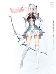 Rule 34 | 1girl, altina (shining blade), bare shoulders, blue eyes, blush, bow (weapon), elf, full body, hair ornament, hand on own hip, highres, looking at viewer, navel, pointy ears, shining (series), shining blade, skirt, solo, thighhighs, tony taka, weapon, white hair