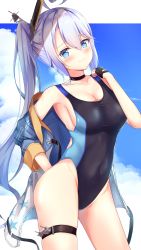 Rule 34 | 1girl, alternate costume, azur lane, bare shoulders, blue eyes, blue jacket, blue sky, blush, breasts, closed mouth, cloud, competition swimsuit, covered navel, heart, heart-shaped pupils, heart in eye, highres, jacket, large breasts, long hair, looking at viewer, miso (misomiso 154), one-piece swimsuit, open mouth, portland (azur lane), side ponytail, silver hair, sky, smile, solo, swimsuit, symbol-shaped pupils, symbol in eye, thighs, turret, very long hair