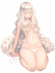 Rule 34 | 1girl, bare shoulders, barefoot, blonde hair, colored eyelashes, dated, full body, highres, long hair, looking at viewer, nana mikoto, navel, no bra, original, panties, seiza, signature, simple background, sitting, sleeveless, solo, underwear, white background, white panties, yellow eyes