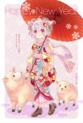 Rule 34 | 10s, 1girl, 2015, ahoge, animal ears, bad id, bad pixiv id, hair ornament, happy new year, highres, holding, horns, japanese clothes, kimono, looking at viewer, mittens, neme, new year, oil-paper umbrella, original, red eyes, scarf, sheep, sheep ears, sheep horns, silver hair, smile, translation request, umbrella