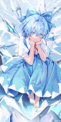 Rule 34 | 1girl, blue eyes, blue hair, blue skirt, blue vest, cirno, haruri, highres, ice, ice wings, looking at viewer, shirt, short hair, short sleeves, skirt, smile, solo, touhou, vest, white shirt, wings