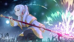Rule 34 | 1girl, closed mouth, dated, earrings, elf, energy, frieren, from side, gold trim, grass, green eyes, highres, holding, holding staff, jewelry, long hair, looking afar, magic, night, night sky, outdoors, pointy ears, shinmai (kyata), signature, sky, solo, sousou no frieren, squatting, staff, twintails, twitter username, white hair