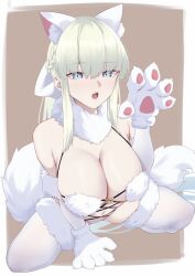 Rule 34 | 1girl, :o, all fours, animal ear fluff, animal ears, bare shoulders, blonde hair, blue eyes, braid, breasts, cleavage, cosplay, fate/grand order, fate (series), fringe trim, fur collar, fur trim, gloves, half up braid, highres, large breasts, long hair, looking at viewer, mash kyrielight, mash kyrielight (dangerous beast), mash kyrielight (dangerous beast) (cosplay), morgan le fay (fate), navel, okuma707, pale skin, solo, tail, thighhighs