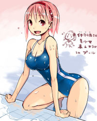 Rule 34 | 1girl, breasts, cleavage, competition school swimsuit, hairband, large breasts, nakahara (takayama toshinori), one-piece swimsuit, open mouth, original, pink hair, poolside, red eyes, school swimsuit, short hair, solo, swimsuit, takayama toshinori, wading, water, wet