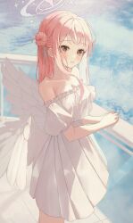 Rule 34 | 1girl, absurdres, alternate costume, angel wings, balcony, bare shoulders, blue archive, blush, breasts, cleavage, cloud, collarbone, commentary, day, dress, eyelashes, feathered wings, fingernails, frilled dress, frills, hair bun, hair ribbon, halo, highres, korean commentary, light smile, looking at viewer, low wings, medium breasts, mika (blue archive), off-shoulder dress, off shoulder, pink hair, ribbon, shiina 1001, single side bun, solo, strapless, strapless dress, tile floor, tiles, white dress, white ribbon, white wings, wings, yellow eyes