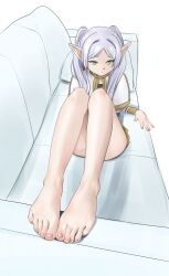 Rule 34 | 1girl, absurdres, arm rest, bare legs, barefoot, closed mouth, convenient censoring, convenient leg, couch, elf, feet, female focus, foot focus, foreshortening, frieren, full body, green eyes, highres, knees up, long hair, long sleeves, pointy ears, shirow (mha03133), simple background, sitting, solo, sousou no frieren, thighs, toenails, toes, white background, white hair