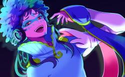 Rule 34 | 1other, androgynous, biseibutu, blue eyes, blue hair, corruption, dark penis, facepaint, facial mark, feathers, forehead mark, gnosia, green eyes, green hair, headphones, highres, lipstick, long hair, long sleeves, looking at viewer, makeup, multicolored hair, other focus, penis, raqio, red eyes, simple background, solo, streaked hair, tattoo, upper body