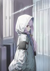 Rule 34 | 1girl, atsuko (blue archive), blue archive, braid, feet out of frame, halo, highres, hood, jacket, looking at viewer, looking to the side, purple hair, red eyes, wasabi60, white jacket