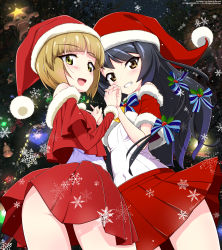 Rule 34 | 2girls, bell, black hair, blonde hair, blue bow, blue bowtie, blunt bangs, blush, bob cut, bow, bowtie, brown eyes, christmas, christmas tree, commentary, covered navel, cropped jacket, cutlass (girls und panzer), datemaki 360, english commentary, fur-trimmed jacket, fur trim, girls und panzer, grin, hair bow, hat, highres, holding hands, holly, interlocked fingers, jacket, layered sleeves, long hair, long sleeves, looking at viewer, miniskirt, mixed-language commentary, multiple girls, neck bell, off-shoulder jacket, off shoulder, open mouth, pleated skirt, red headwear, red jacket, red skirt, reizei mako, santa costume, santa hat, shirt, short hair, short over long sleeves, short sleeves, skirt, smile, snowflakes, standing, star ornament, twitter username, watermark, white shirt, yellow eyes