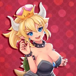 Rule 34 | 1girl, armlet, bare shoulders, black dress, black nails, blonde hair, blue eyes, bowsette, bracelet, breasts, cleavage, collar, colored eyelashes, crown, dress, earrings, fingernails, forked eyebrows, hair between eyes, horns, jewelry, large breasts, long fingernails, long hair, mario (series), nail polish, nalintant, new super mario bros. u deluxe, nintendo, parted bangs, polka dot, polka dot background, ponytail, sharp fingernails, spiked armlet, spiked bracelet, spiked collar, spiked shell, spikes, super crown, thick eyebrows, turtle shell