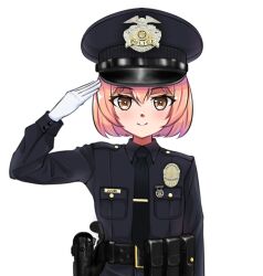Rule 34 | 1girl, badge, belt, black belt, black hat, black necktie, black shirt, bob cut, breast pocket, brown eyes, character name, closed mouth, commentary, english commentary, gloves, gun, hand up, handgun, hat, jizi, long sleeves, los angeles police department, name tag, necktie, original, peaked cap, pink hair, pocket, police, police badge, police hat, police uniform, policewoman, salute, shirt, smile, solo, transparent background, uniform, united states, upper body, utility belt, weapon, white gloves