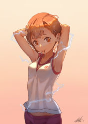 Rule 34 | 1girl, absurdres, arm behind head, armpits, arms behind head, arms up, badge, bingwei huang, breasts, brown eyes, brown hair, collarbone, commentary, cowboy shot, electricity, electrokinesis, fantasy, flower, gradient background, gym shirt, gym shorts, gym uniform, hair flower, hair ornament, hair strand, hairclip, hands up, highres, looking at viewer, midriff peek, misaka mikoto, mouth hold, pink background, ponytail holder, psychic, red shorts, science fiction, shirt, short hair, shorts, signature, small breasts, solo, tank top, toaru kagaku no railgun, toaru majutsu no index, tying hair, upper body, white shirt, white tank top