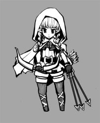 Rule 34 | 1girl, arrow (projectile), belt, bow (weapon), braid, cloak, dragon&#039;s crown, elf, elf (dragon&#039;s crown), female focus, full body, gloves, greyscale, hood, monochrome, pointy ears, simple background, solo, thighhighs, twin braids, vanillaware, weapon